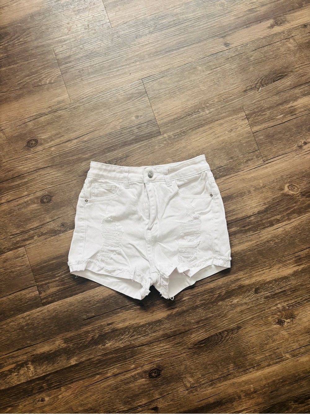 SHEIN White Distressed High-Rise Denim Shorts